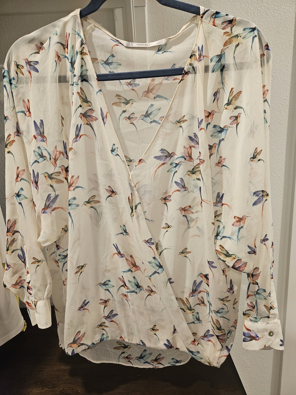 Zara Cream Wrap Blouse with Multicolor Bird Print